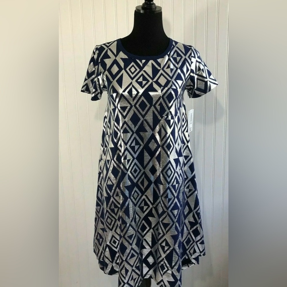 LuLaRoe Elegant Carly Swing Dress High Low Hemline Size XS Navy Glam Festival